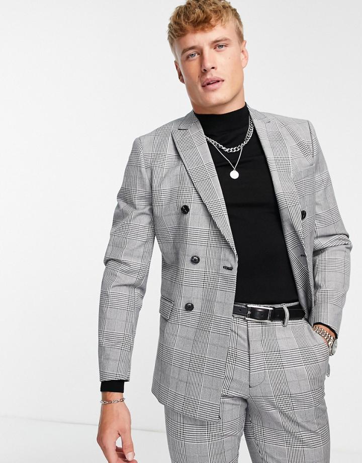 Jack & Jones Premium Relaxed Fit Double Breasted Suit Jacket In Heritage Plaid-black