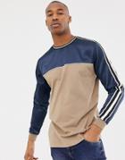 Asos Design Relaxed Longline Long Sleeve T-shirt With Contrast Satin Yoke And Shoulder Taping In Navy - Navy