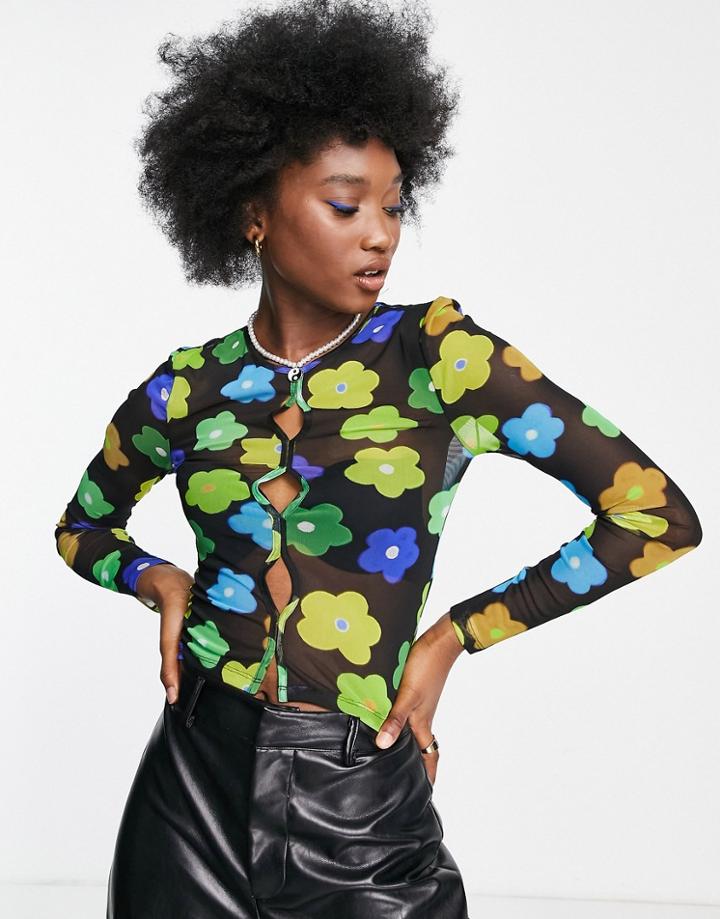 Topshop Floral Print Mesh Long Sleeve Top In Multi