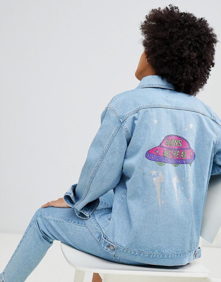 Chorus Oversized Denim Jacket With Spaceship Back Print - Blue