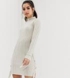 Asos Design Petite Ribbed High Neck Mini Dress With Tie Detail - Beige