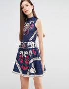 Comino Couture High Neck Skater Dress With Engineered Print And Embellishment - Navy