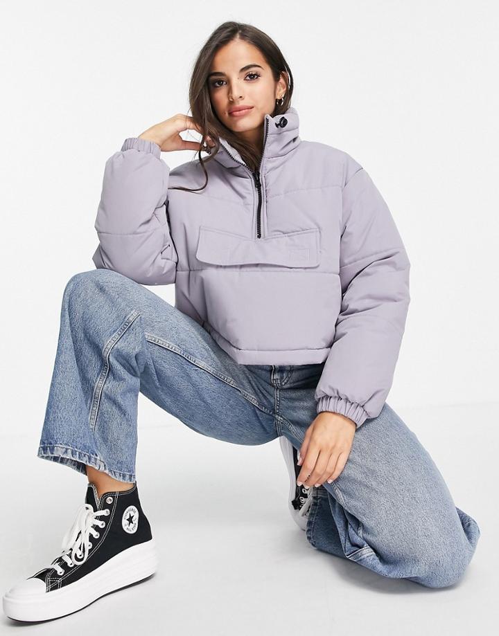 Asos Design Cropped Half Zip Puffer Jacket In Lilac-purple