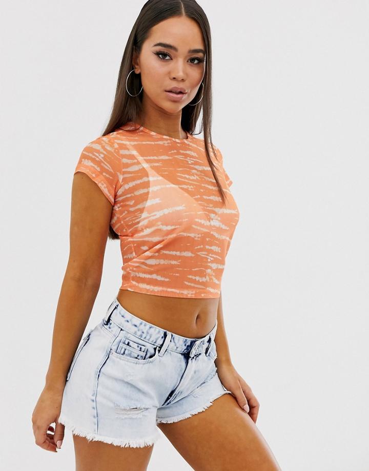 Asos Design Fitted Mesh Top In Tie Dye With Cap Sleeve-orange