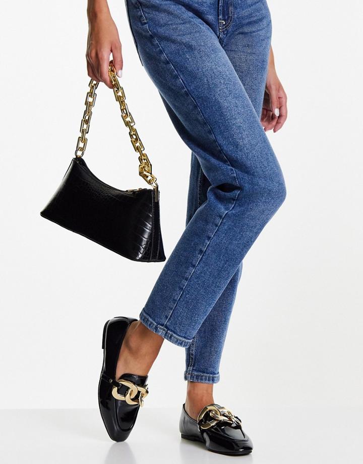 River Island Gold Chain Front Patent Loafer Shoe In Black