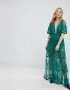Honey Punch Maxi Dress In Premium Lace With Kimono Sleeves - Green