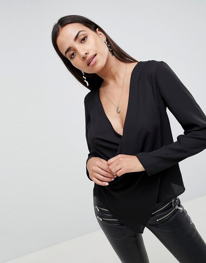 Asos Design Long Sleeve Top With Wrap Plunge Neck-black