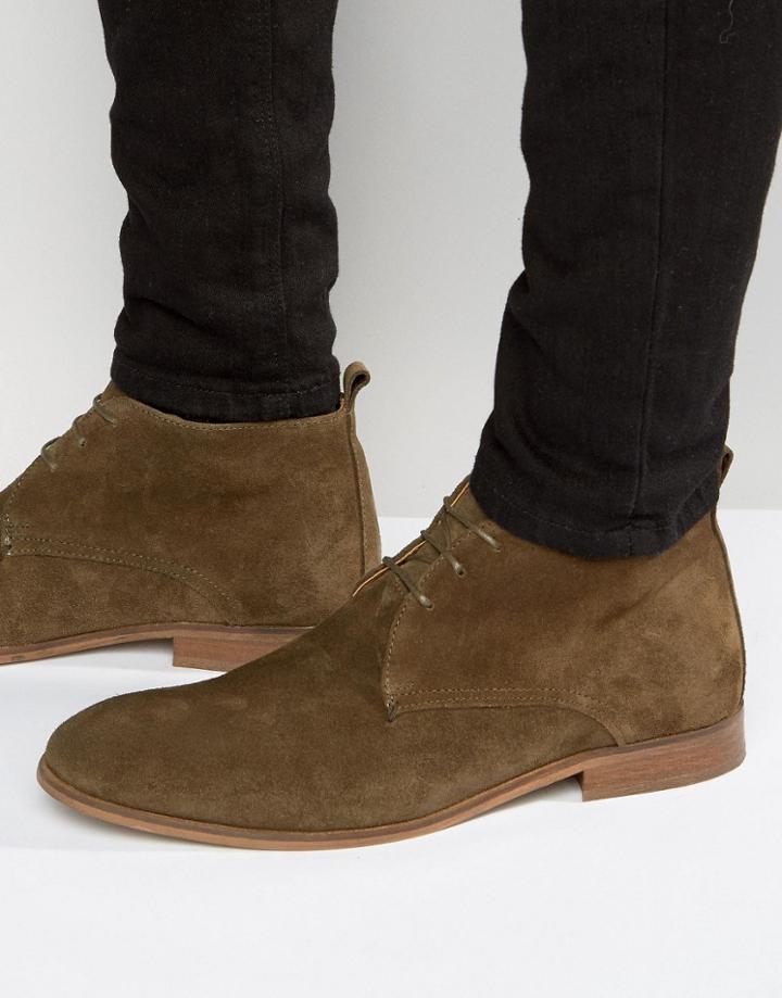 Asos Lace Up Boots In Khaki Suede With Natural Sole - Green