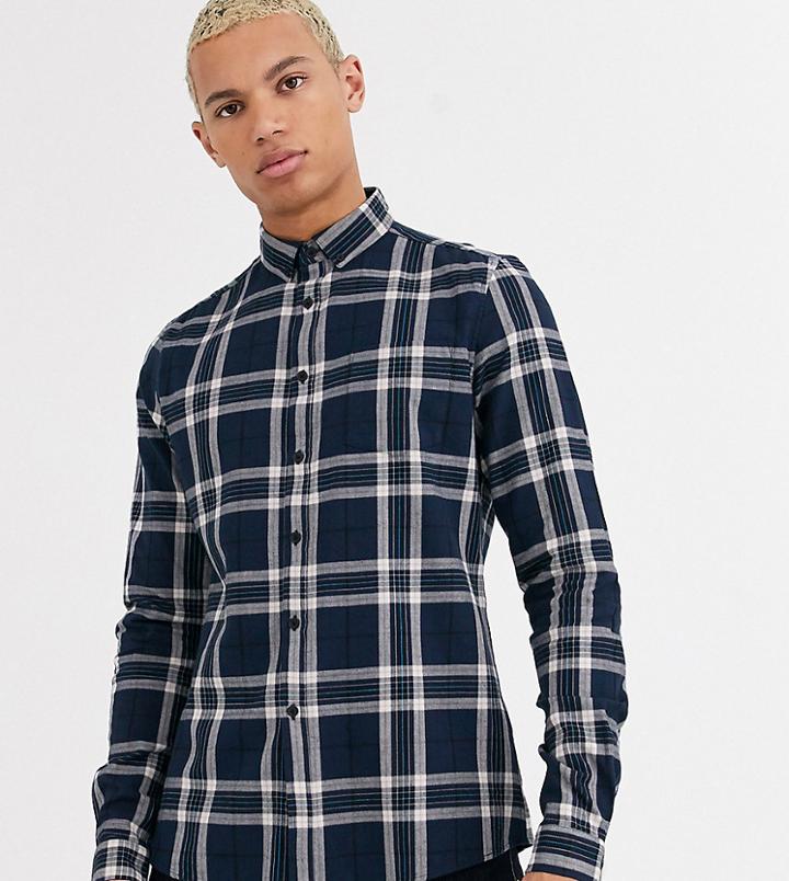 Asos Design Tall Slim Stretch Check Shirt In Navy