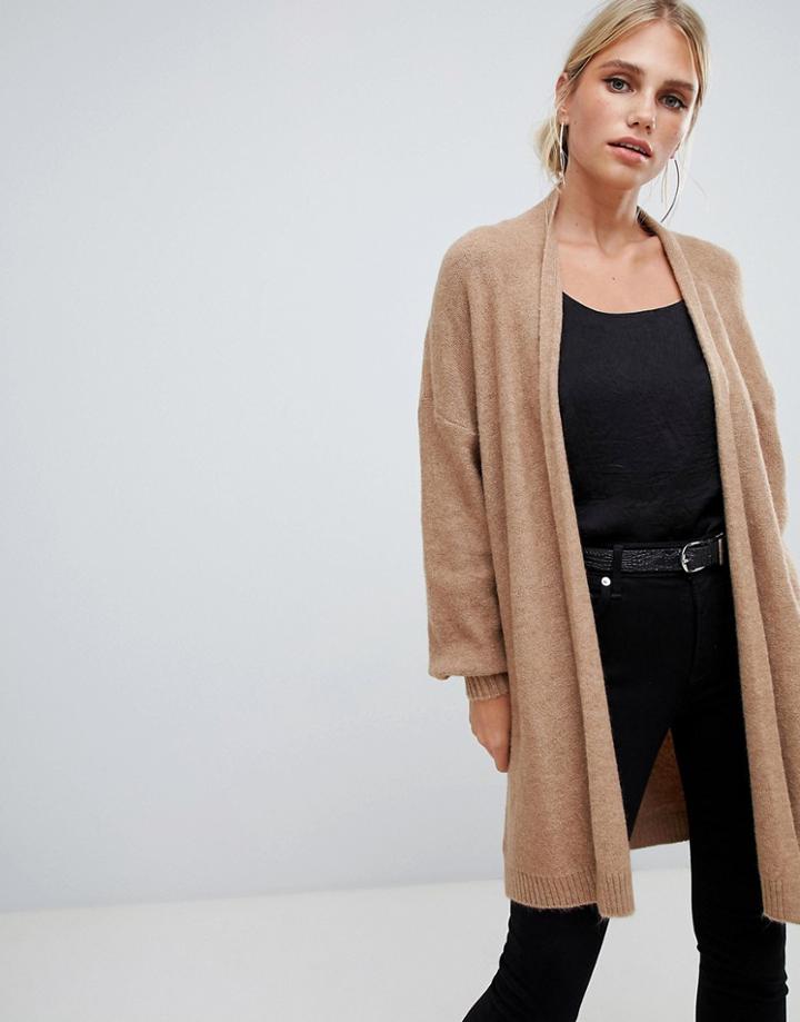 Sisley Balloon Sleeve Knit Cardigan In Camel - Brown