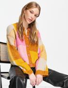 Asos Design Crew Neck Cardigan In Patchwork-pink
