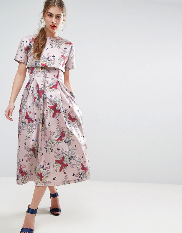 Asos Salon Enchanted Jacquard Midi Prom Dress With Crop Top Jacket - Multi