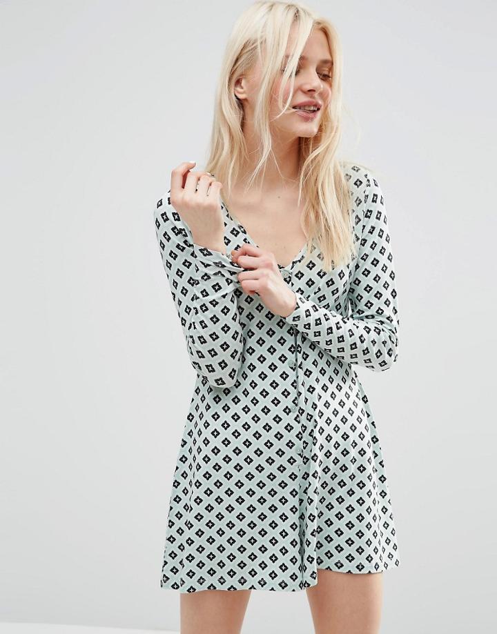 Asos Jersey Button Up Romper In Tile Print - Multi