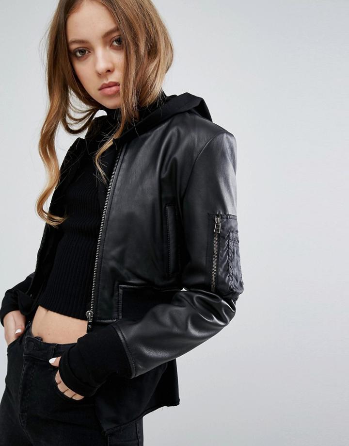 Goosecraft Leather Cropped Bomber Jacket - Black