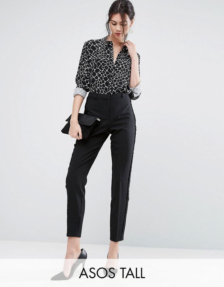Asos Tall Tux Cigarette Pants With Sheer Fringe Detail - Black
