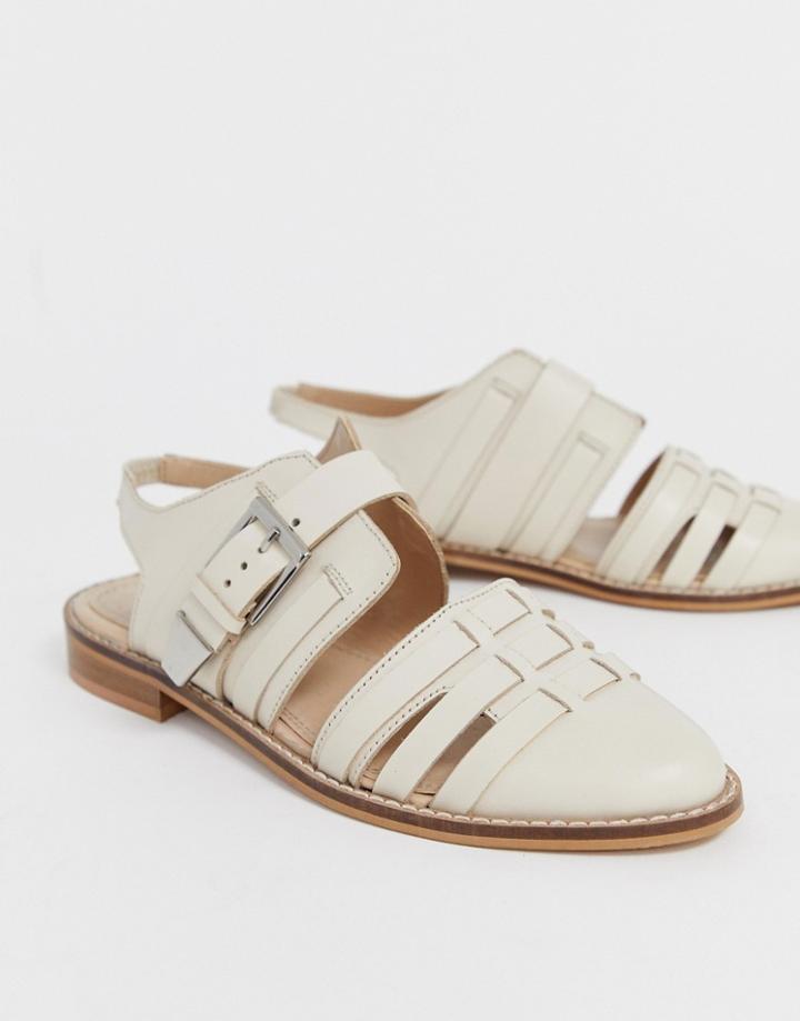 Asos Design Minister Leather Cut Out Flat Shoes In Bone - Stone