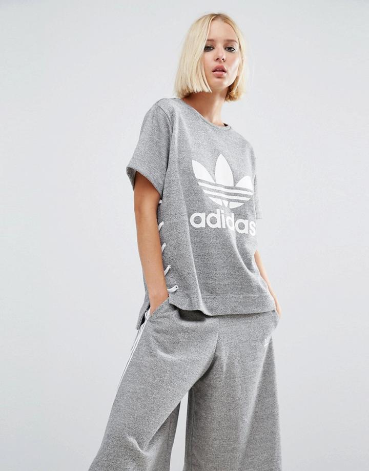 Adidas Originals Lace Up Sweatshirt With Trefoil Logo - Gray