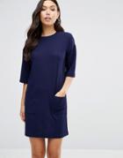 Asos Shift Dress In Texture With Pockets - Navy