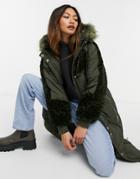 Urban Code Longline Padded Parka With Faux Fur Panels-green