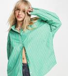 Collusion Oversized Stripe Shirt With Crossover Detail In Green