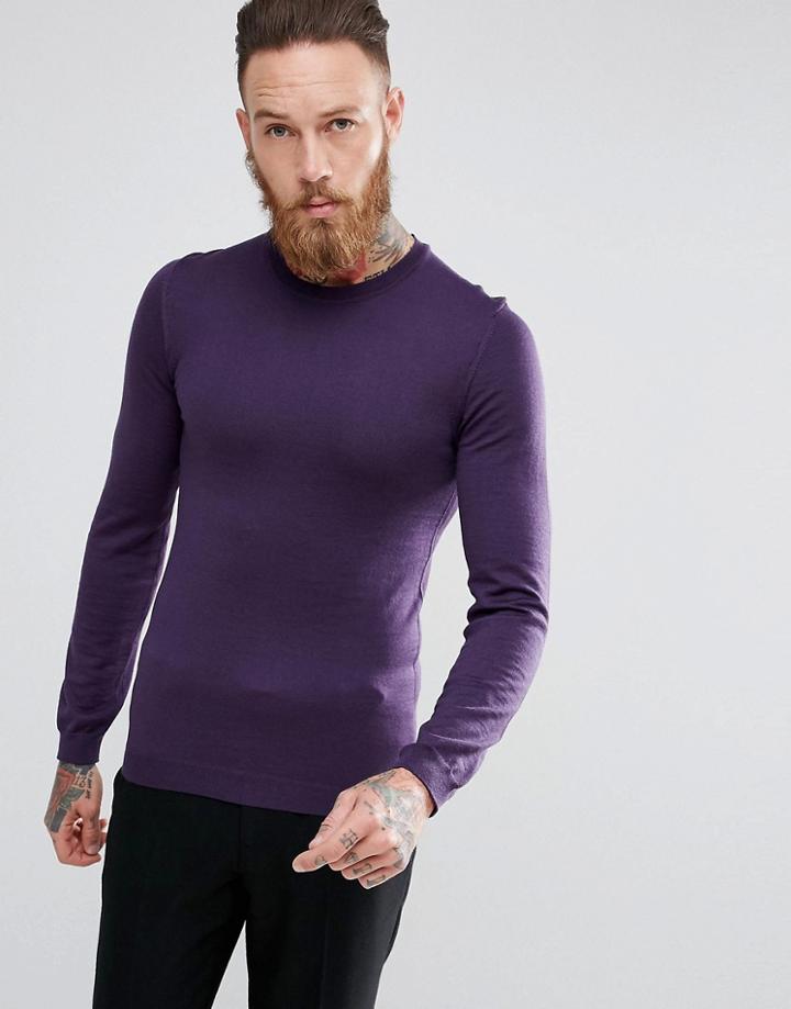 Asos Muscle Fit Merino Wool Sweater In Dark Purple - Purple