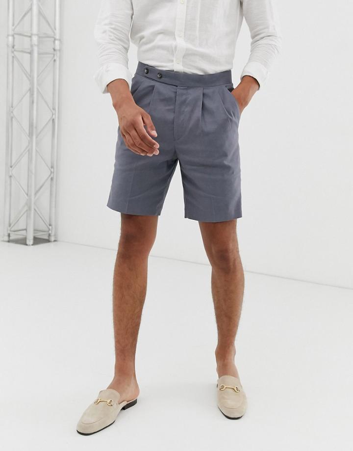 Asos Design Slim Smart Shorts In Gray Linen With Double Pleat Detail