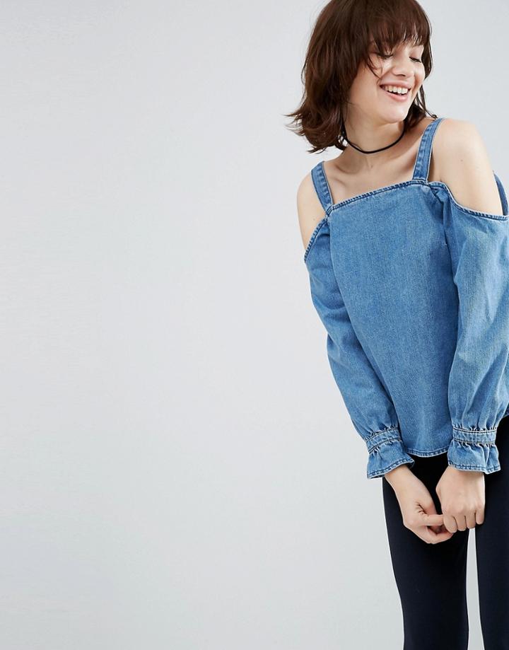 Asos Denim Cold Shoulder Top With Long Sleeve - Blue