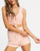 Lost Ink Fluffy Drawstring Cami Top And Shorts Set In Peach-pink