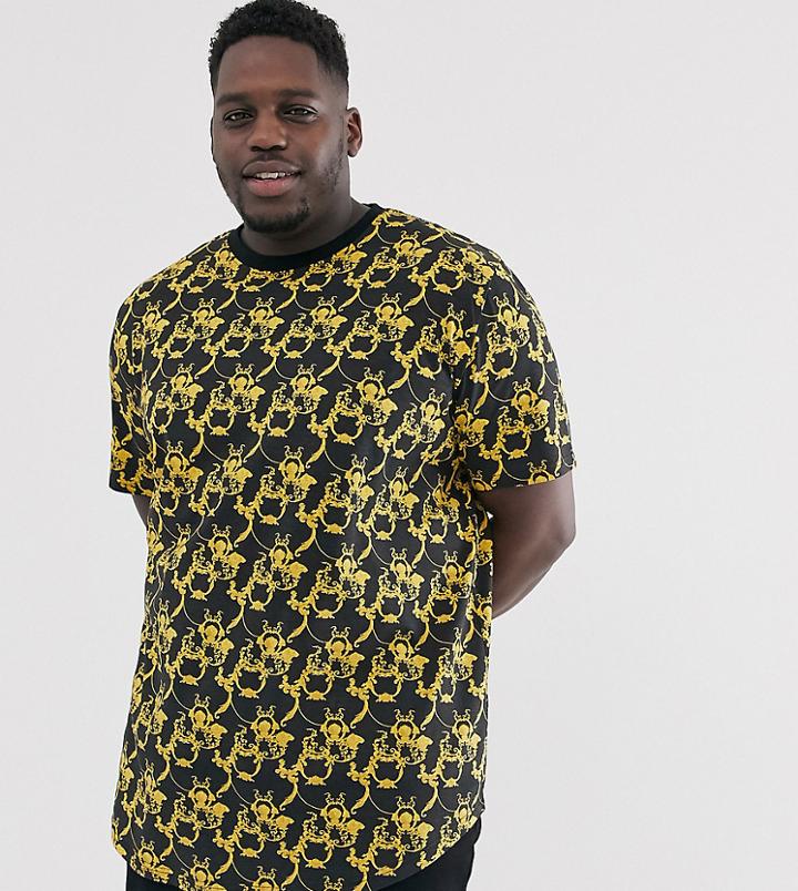Duke King Size T-shirt With Baroque Print And Curved Hem In Black