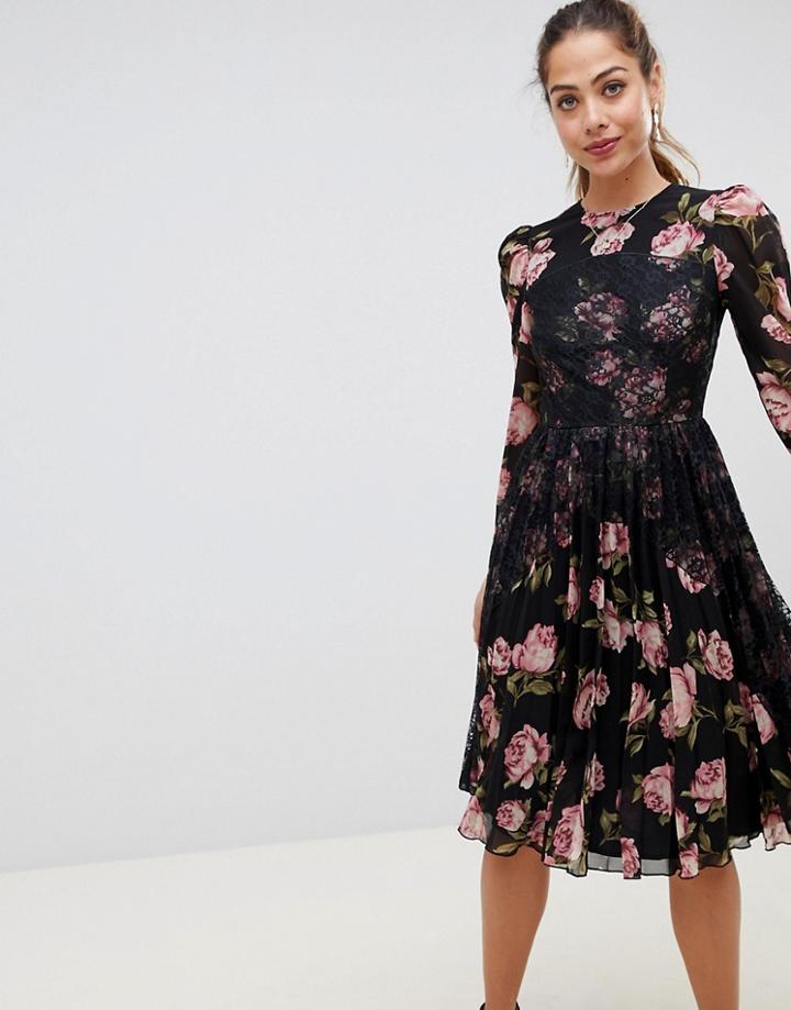Asos Design Floral Insert Midi Dress With Long Sleeves - Multi
