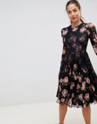 Asos Design Floral Insert Midi Dress With Long Sleeves - Multi