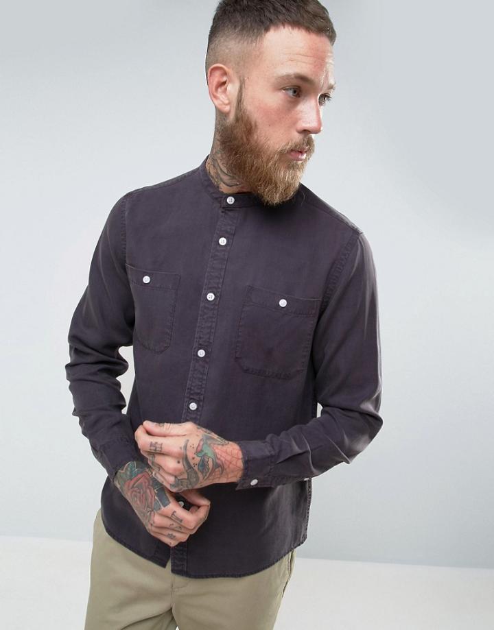 Asos Regular Fit Shirt In Drape Fabric With Grandad Collar In Charcoal - Gray
