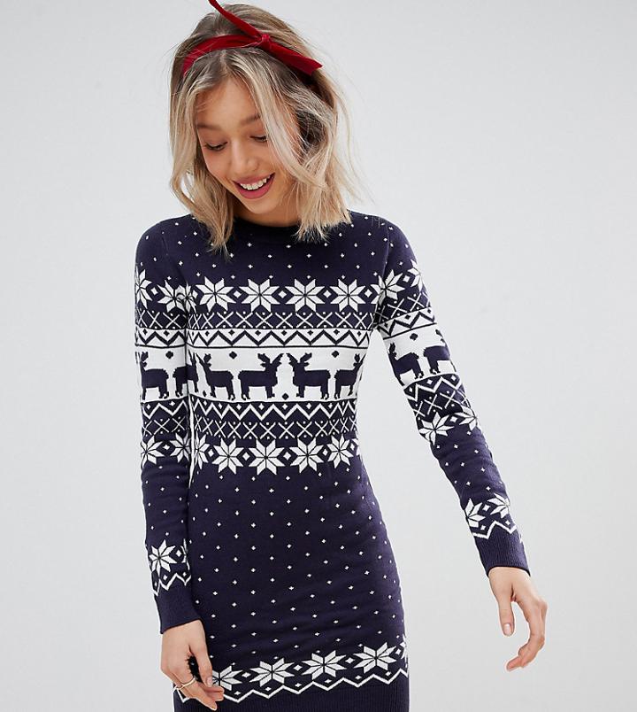 Brave Soul Petite Sweater Dress In Reindeer Fair Isle - Navy