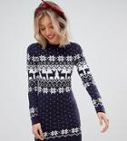 Brave Soul Petite Sweater Dress In Reindeer Fair Isle - Navy