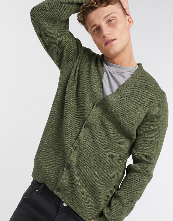 Asos Design Knitted Rib V Button Cardigan In Khaki Twist-green