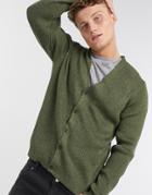 Asos Design Knitted Rib V Button Cardigan In Khaki Twist-green