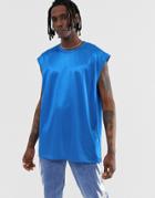 Asos Design Oversized Sleeveless T-shirt In High Shine Fabric In Blue - Blue
