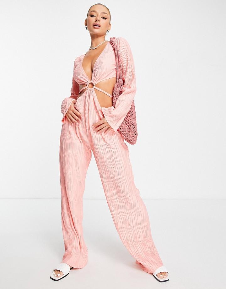 Asos Design Cut Out Beach Plisse Jumpsuit In Coral-orange