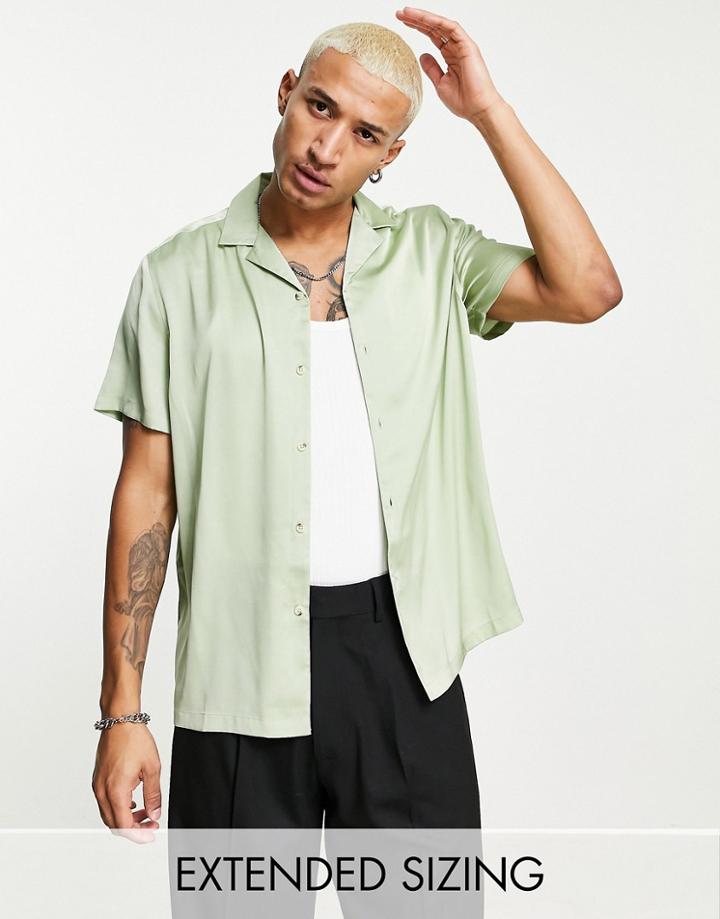 Asos Design Relaxed Revere Satin Shirt In Recycled Polyester In Sage Green - Lgreen