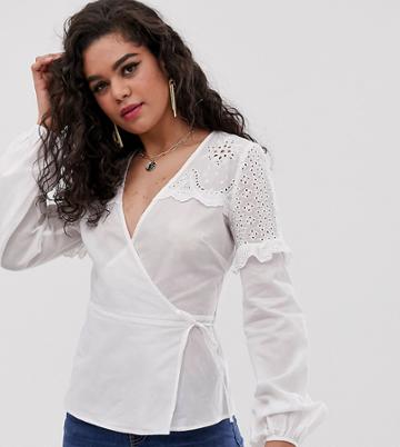 Fashion Union Tall Wrap Top In Broderie - White
