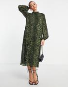 Envii Pleated Maxi Smock Dress In Olive Leopard Print-green