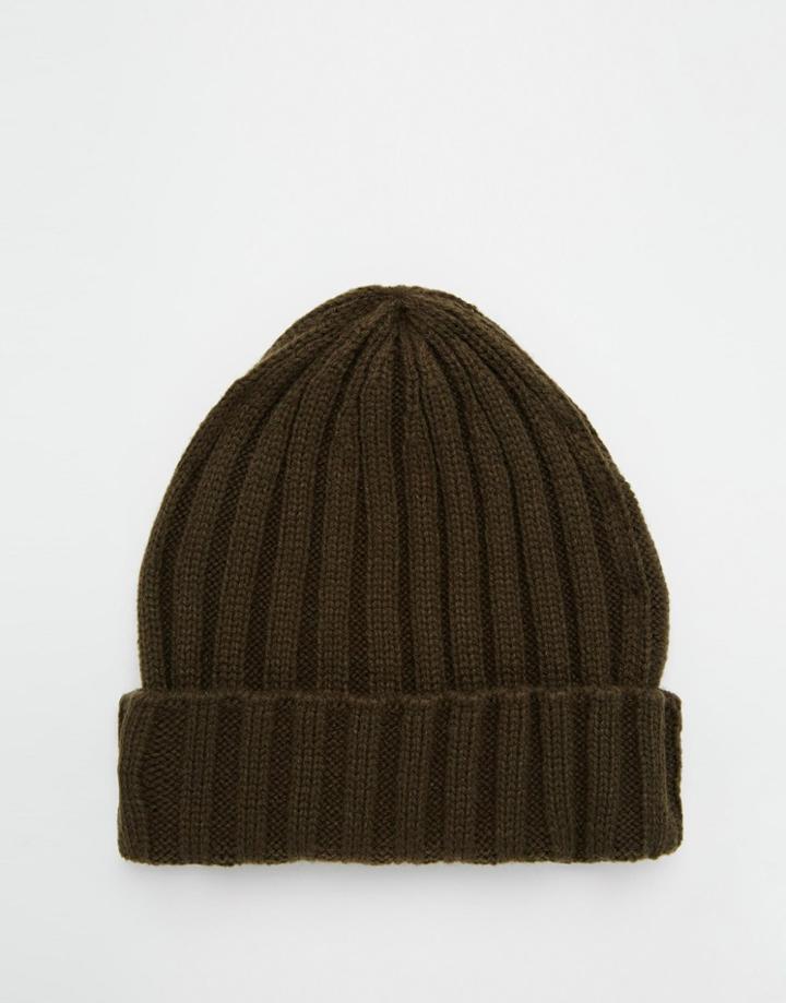 Asos Pointed Ribbed Beanie In Khaki - Khaki