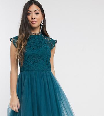 Chi Chi London Petite Cut Out Detail Tulle Mini Dress In Emerald Green