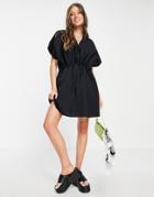 Asos Design Cotton Mini Smock Dress With Gathered Waist In Black
