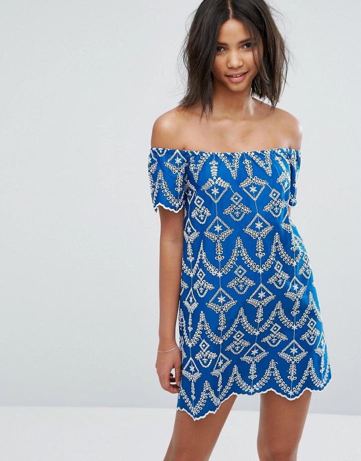 Miss Selfridge Embroidered Bardot Shift Dress - Blue