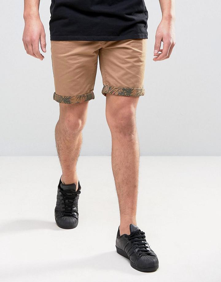 Threadbare Palm Print Chino Shorts - Tan