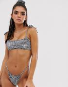 Asos Design Tie Shoulder Crop Bikini Top In Mono Gingham With Matching Scrunchie-multi