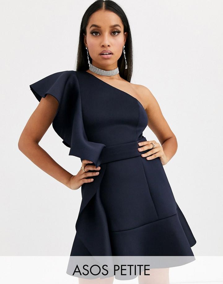 Asos Design Petite One Shoulder Ruffle Mini Dress With Pep Hem - Navy