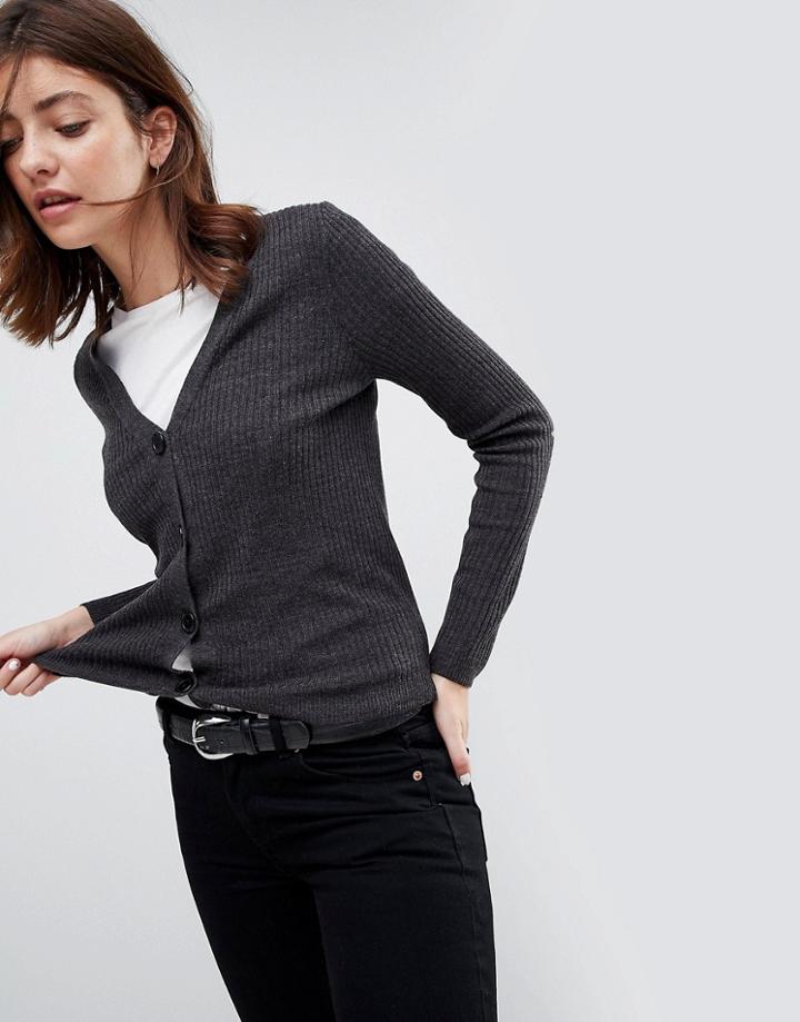 Asos Cardigan In Rib With Button Detail - Gray