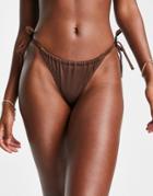 Monki Recycled Tie Side Bikini Bottoms In Brown
